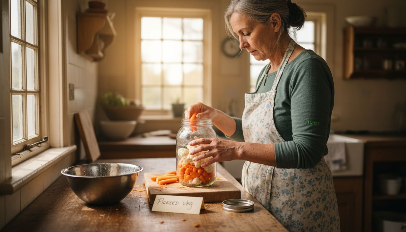 Woman preparing vegetables for fermentation in kitchen