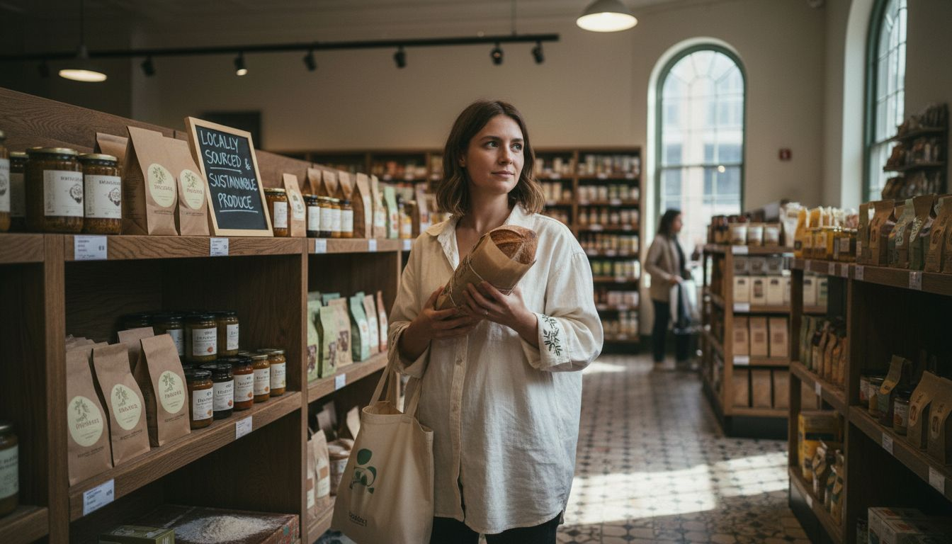 Woman examines bread in sustainable packaging aisle