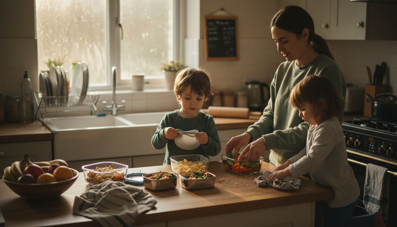 Family using plastic free food containers in kitchen