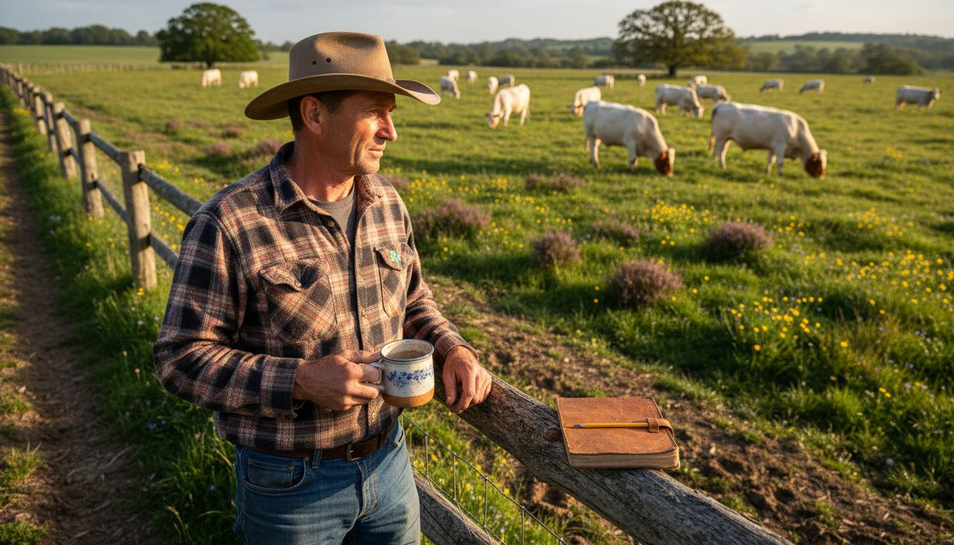 Rancher observing grass-fed cattle in pasture