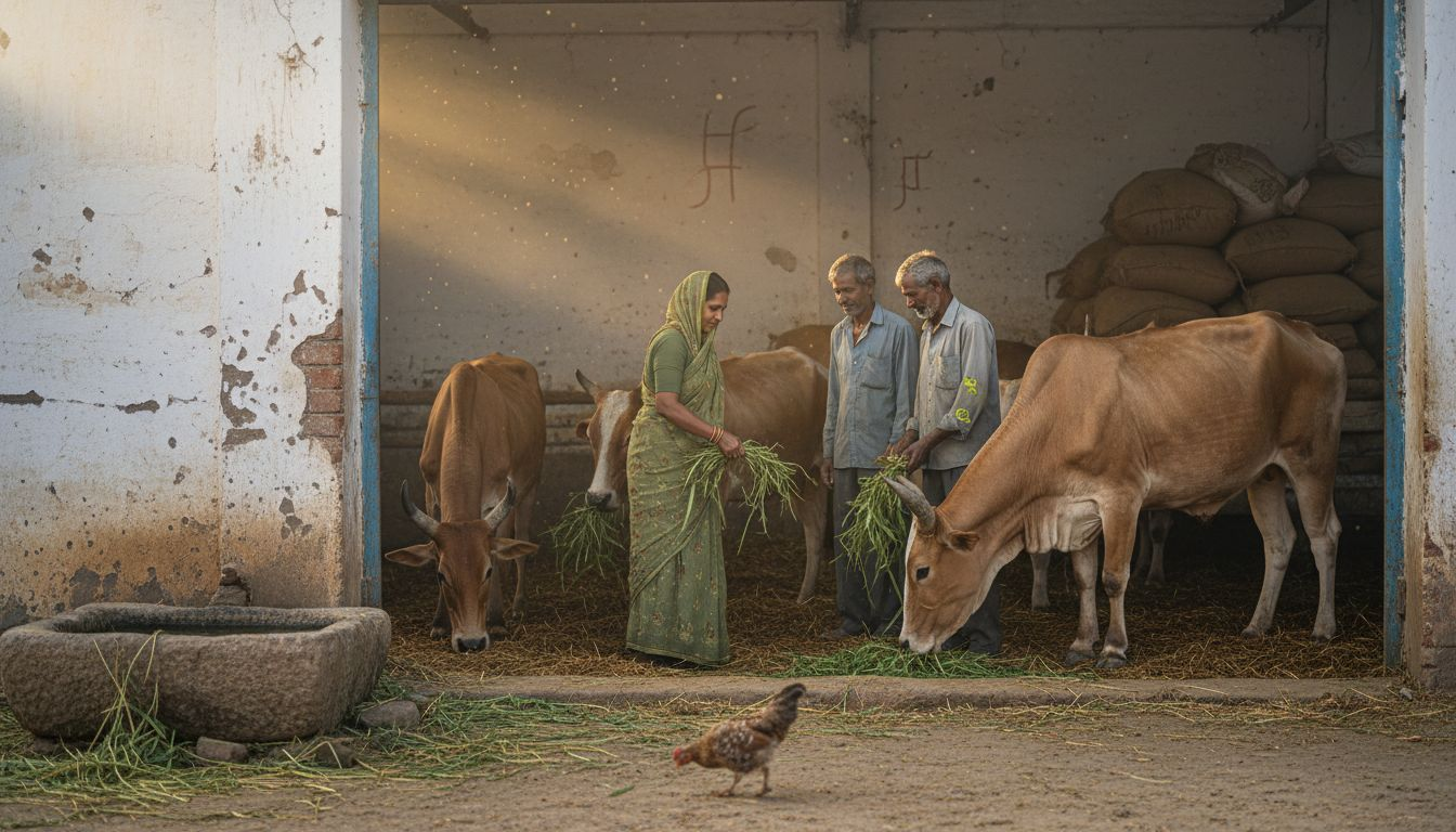 Farmers feeding cattle in Indian barnyard scene