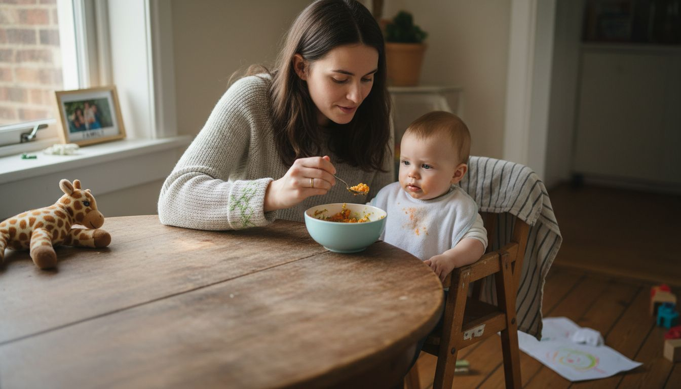 Mother feeding baby with allergy care at home