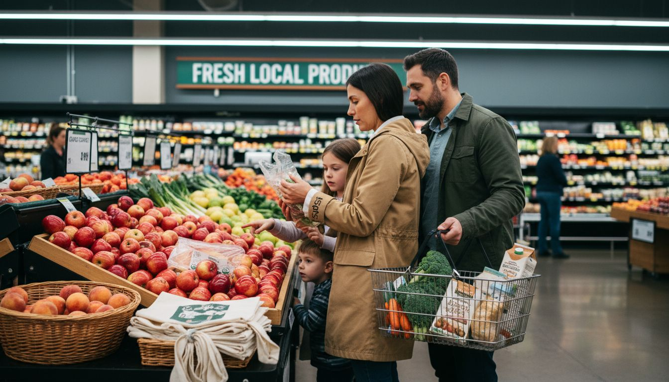Family checking food labels in grocery store