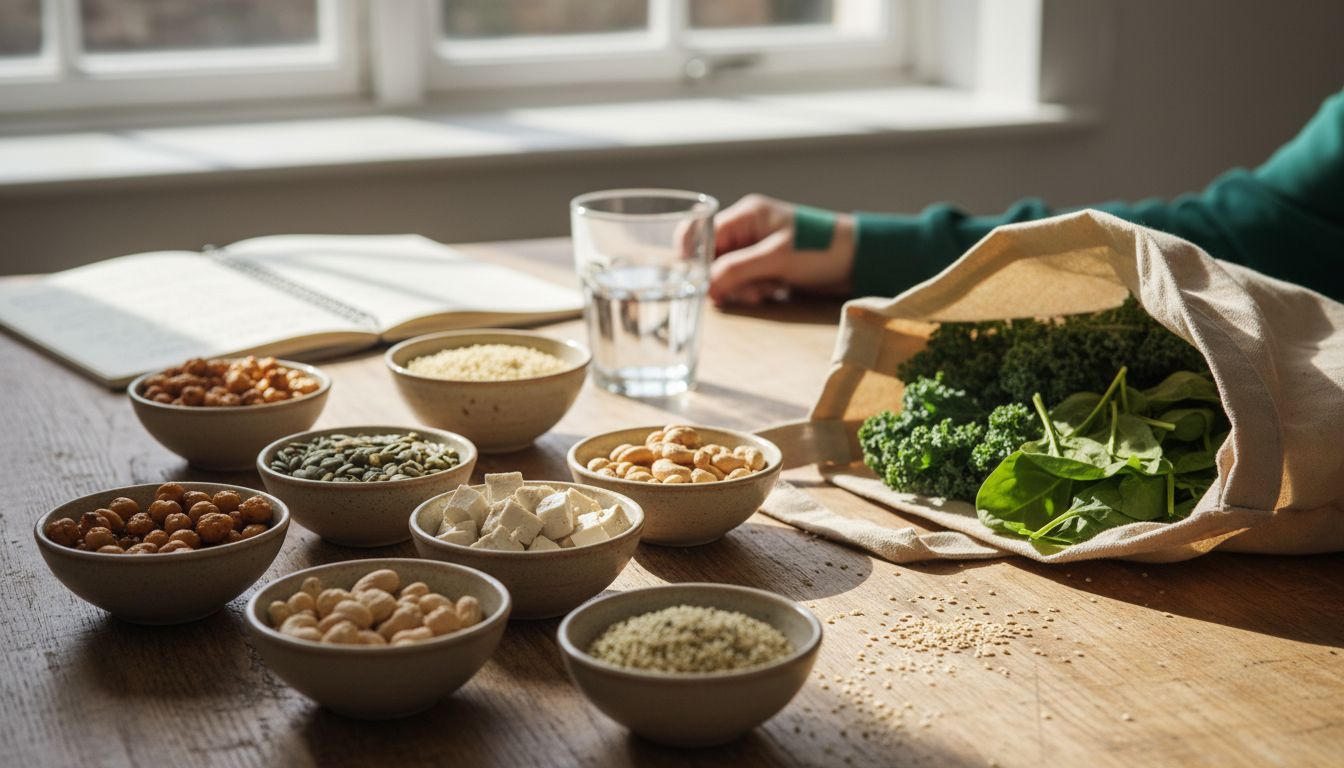 Assorted vegan foods rich in zinc on kitchen table