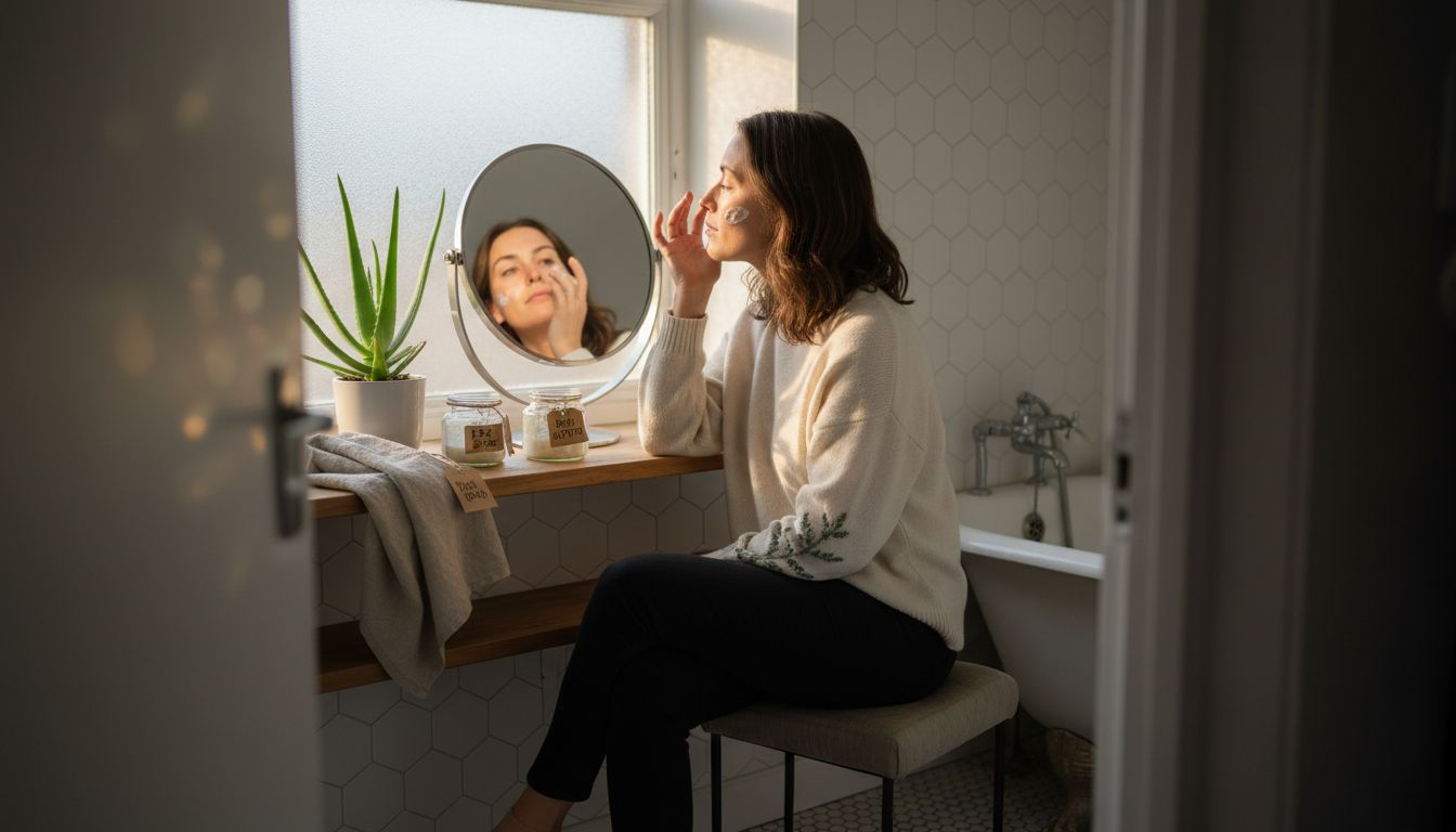 Woman applying skincare in sunlight bathroom