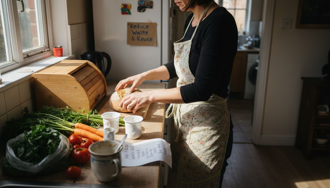 Woman sorting groceries in home kitchen
