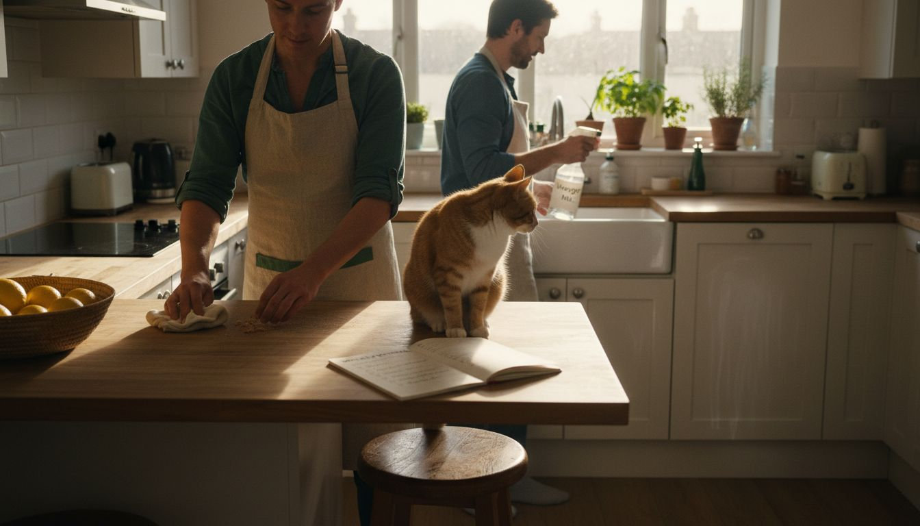 Couple cleaning kitchen with eco products