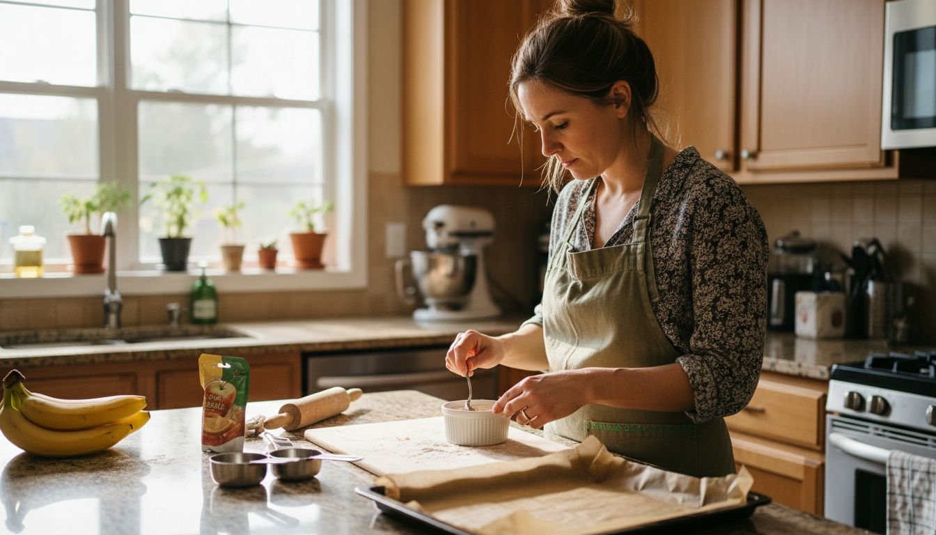 Woman preparing natural egg substitute in kitchen