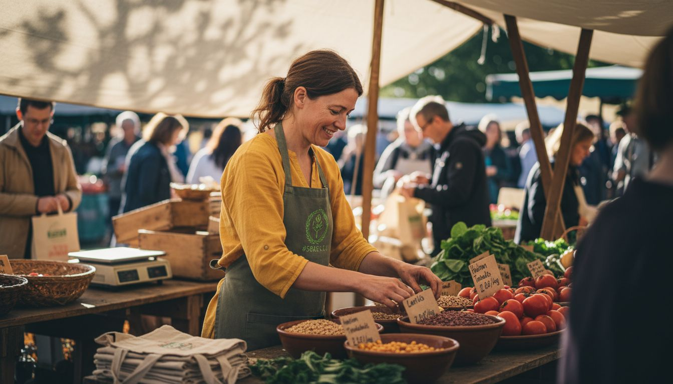 Vendor arranging produce at farmer's market