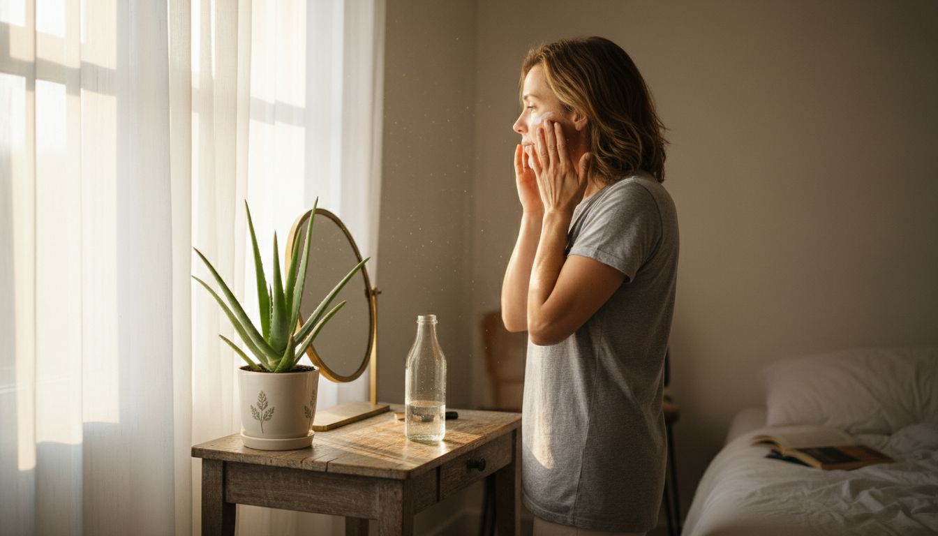 Woman applying skincare at sunlit bedroom vanity