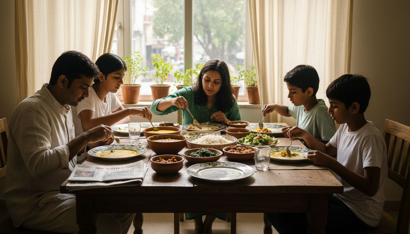 Family sharing slow food meal at home