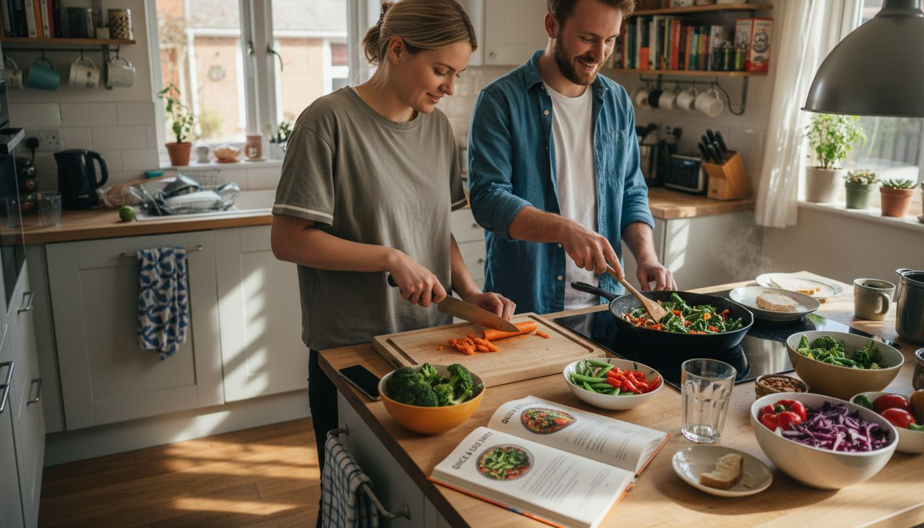 Couple preparing healthy plant-based meal