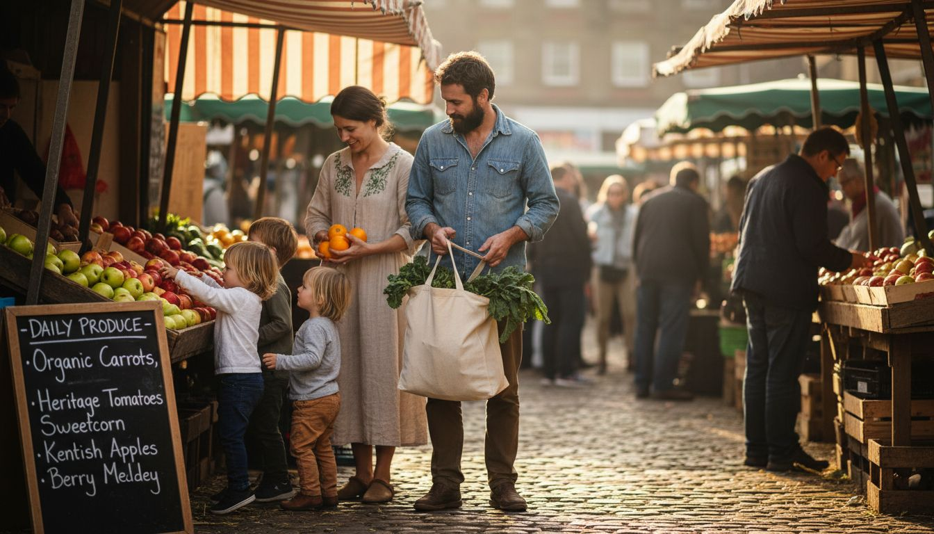 Family choosing fresh fruits at local market