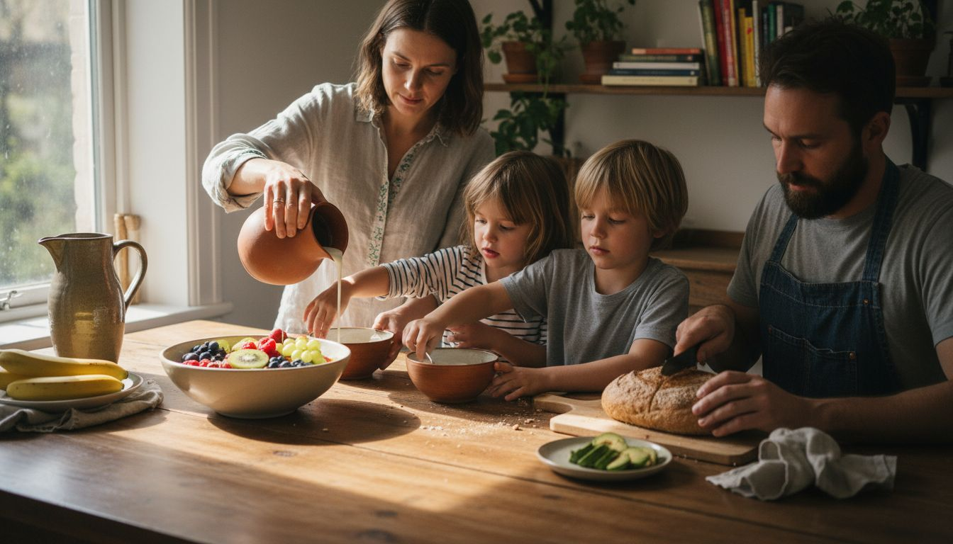 Family eats healthy breakfast in kitchen