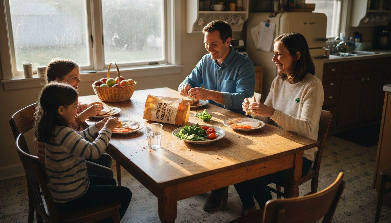 Family eating nitrate-free meat sandwiches at kitchen table