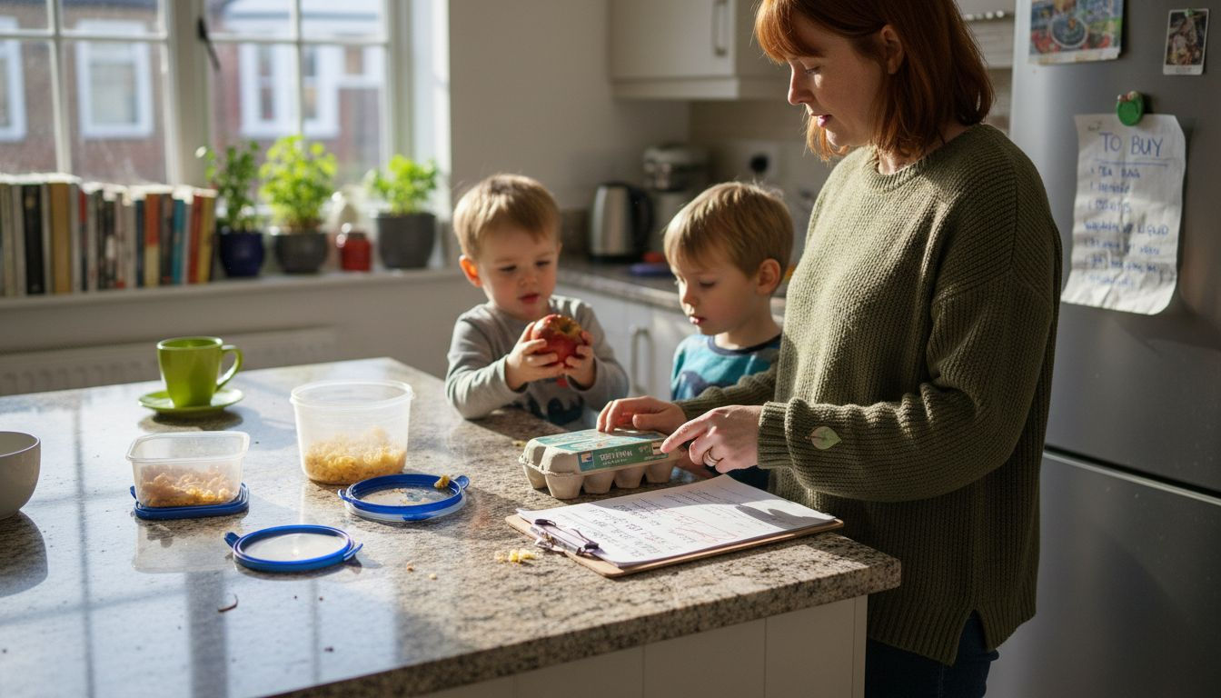 Family sorting food in sunlit kitchen