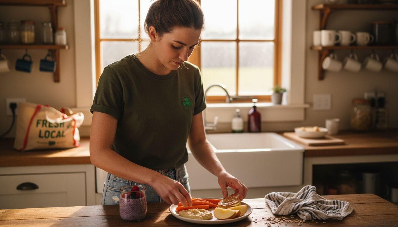 Woman assembling vegan snacks in sunlit kitchen