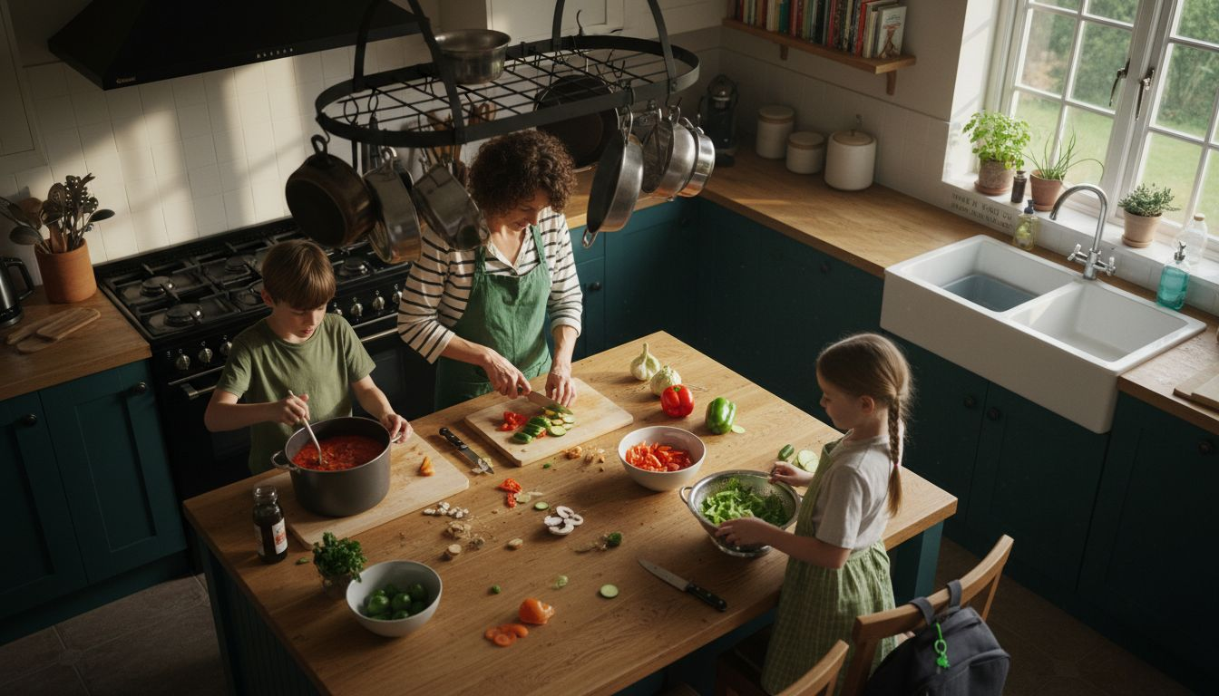 Family cooking plant based meal in kitchen