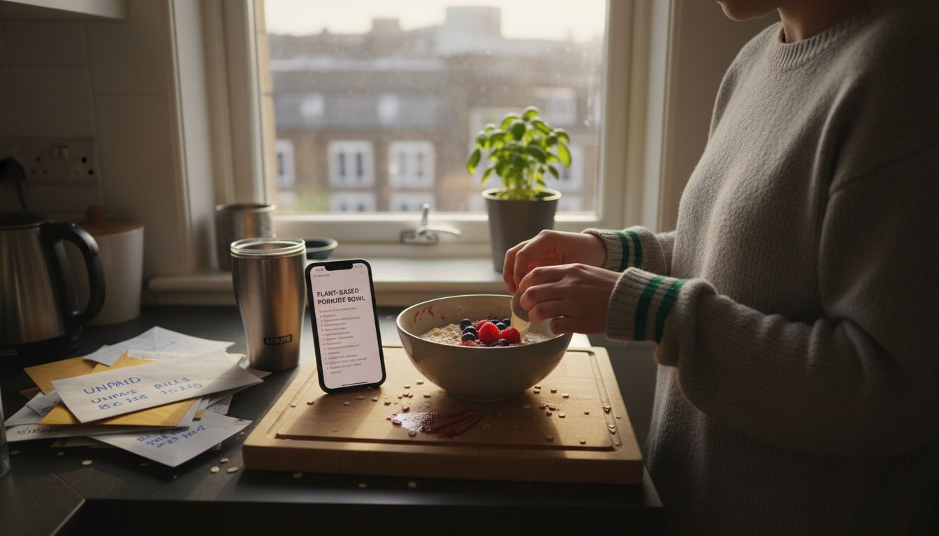 Person preparing plant-based breakfast in city kitchen