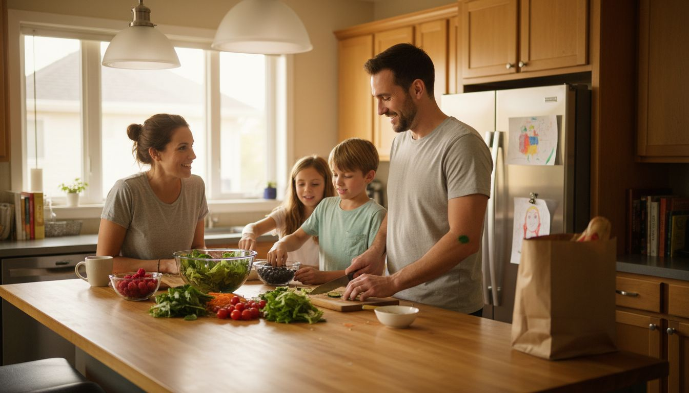 Family preparing fresh vegetables in home kitchen