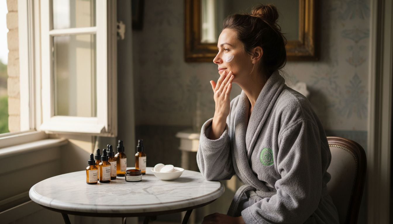 Woman applying moisturizer in sunlit bathroom