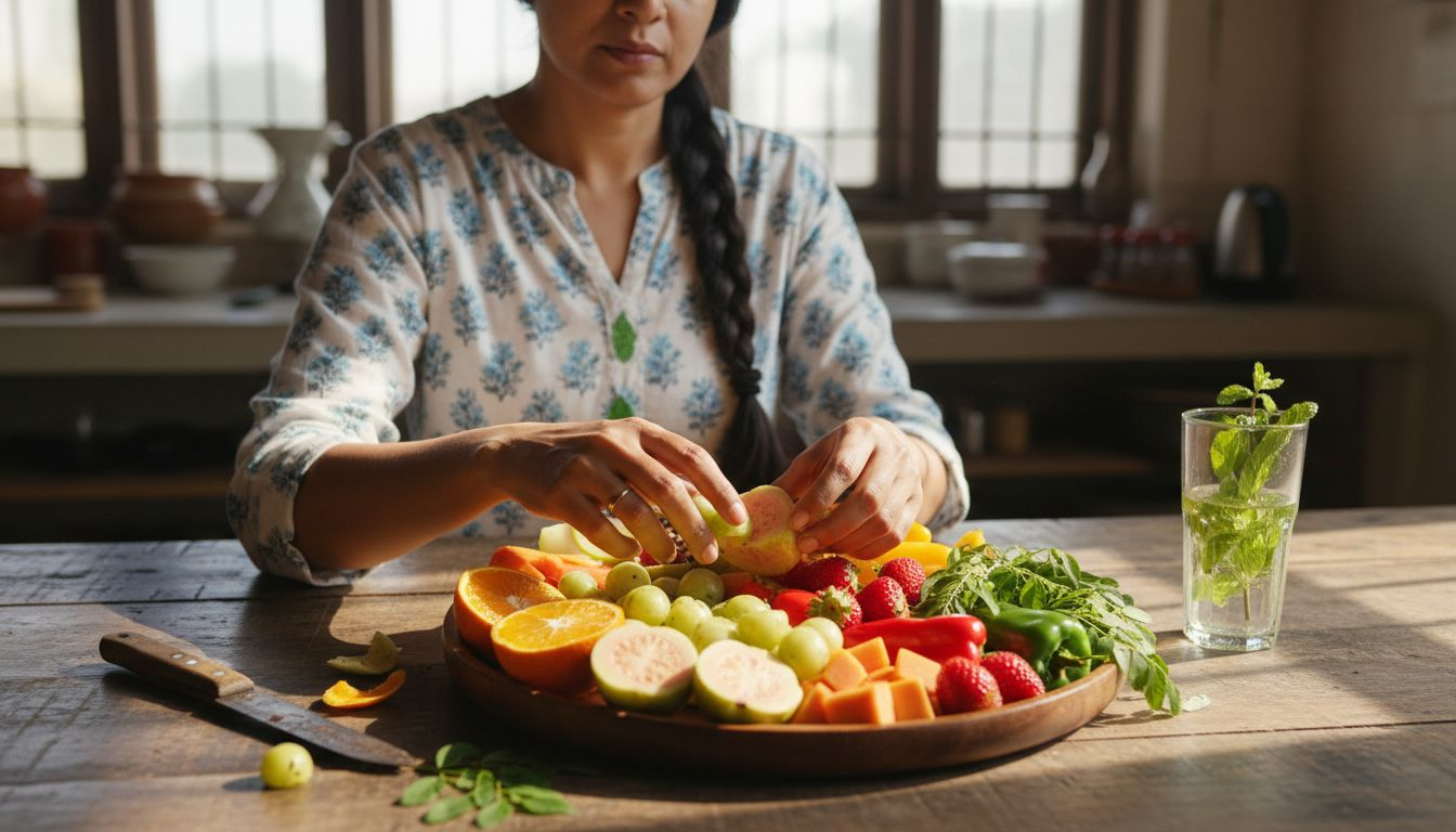 Indian kitchen with vitamin C rich foods platter