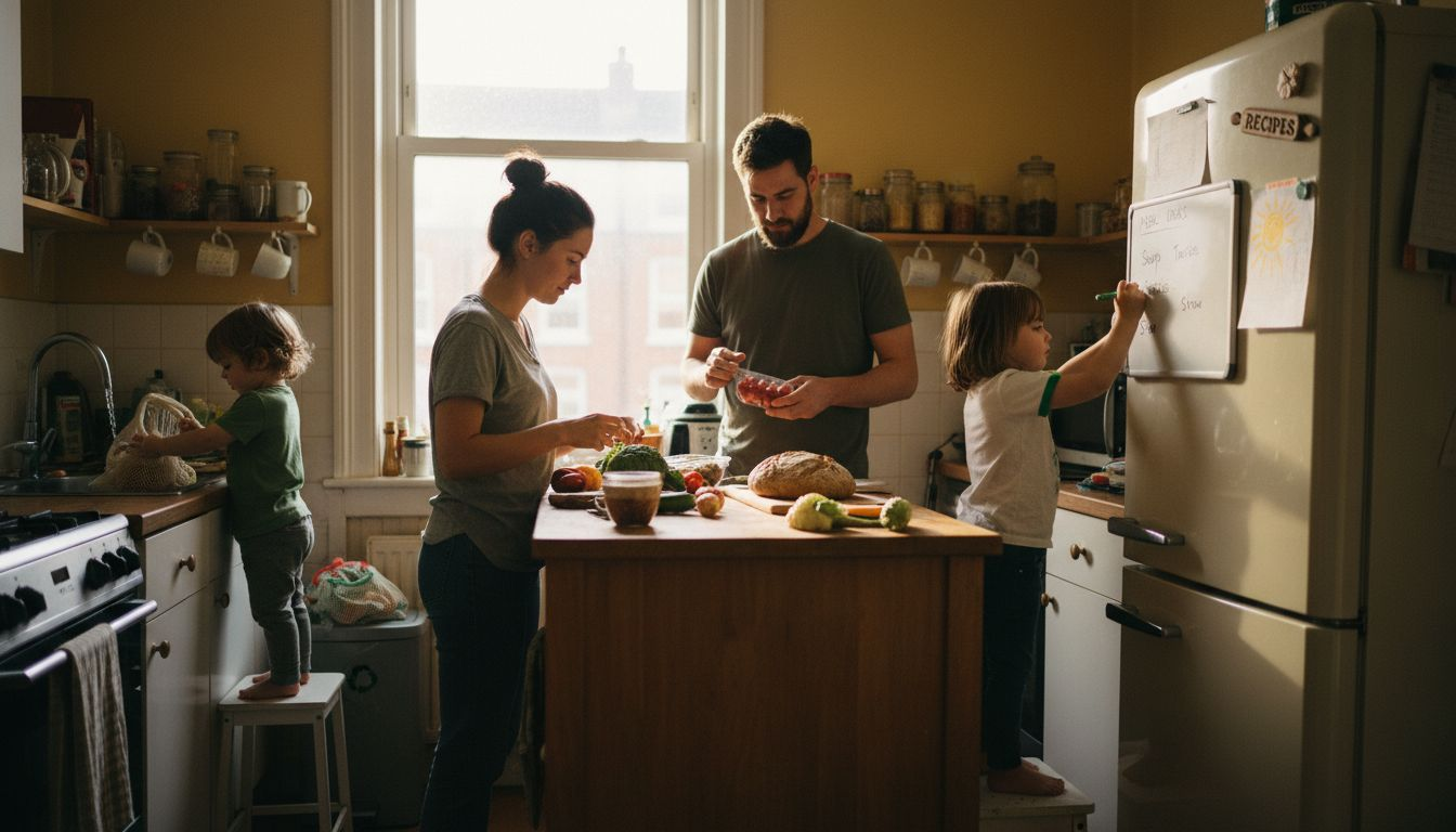 Family reducing food waste in home kitchen