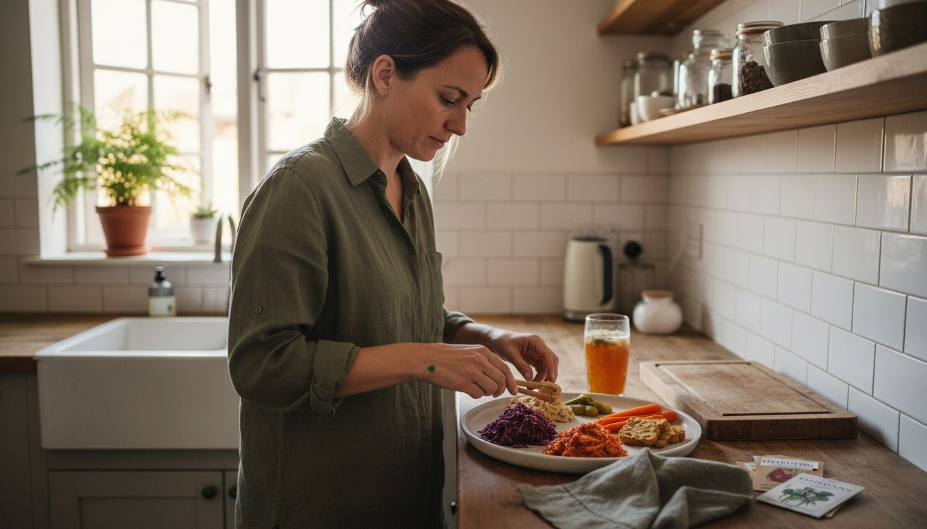 Woman preparing non-dairy probiotic foods in kitchen