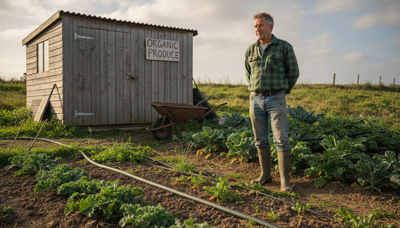 Farmer surveying organic hillside vegetable field