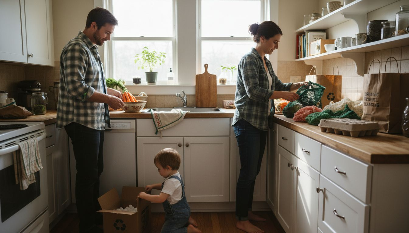 Family unpacking sustainable grocery packaging