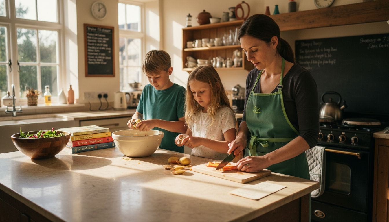 Family prepping vegetables in sunlit kitchen