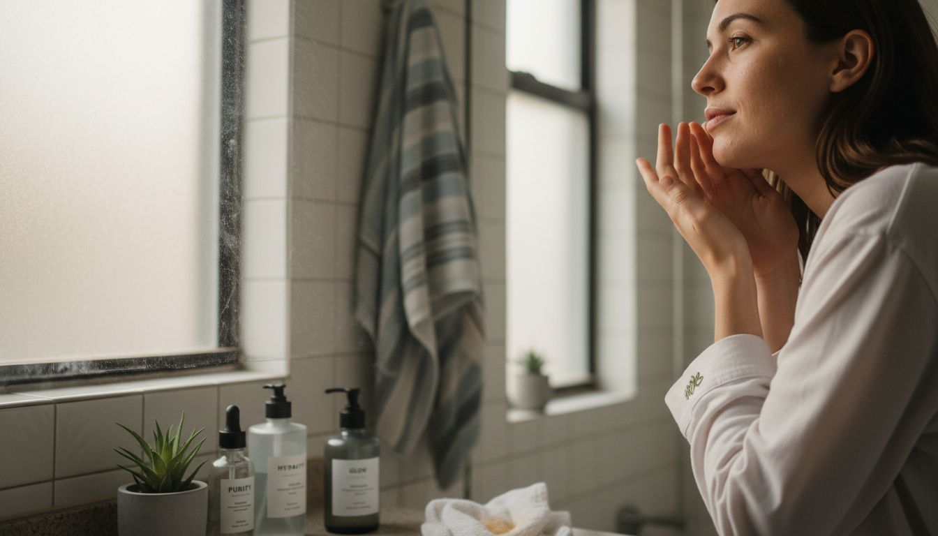 Woman applying serum with eco-friendly bottles