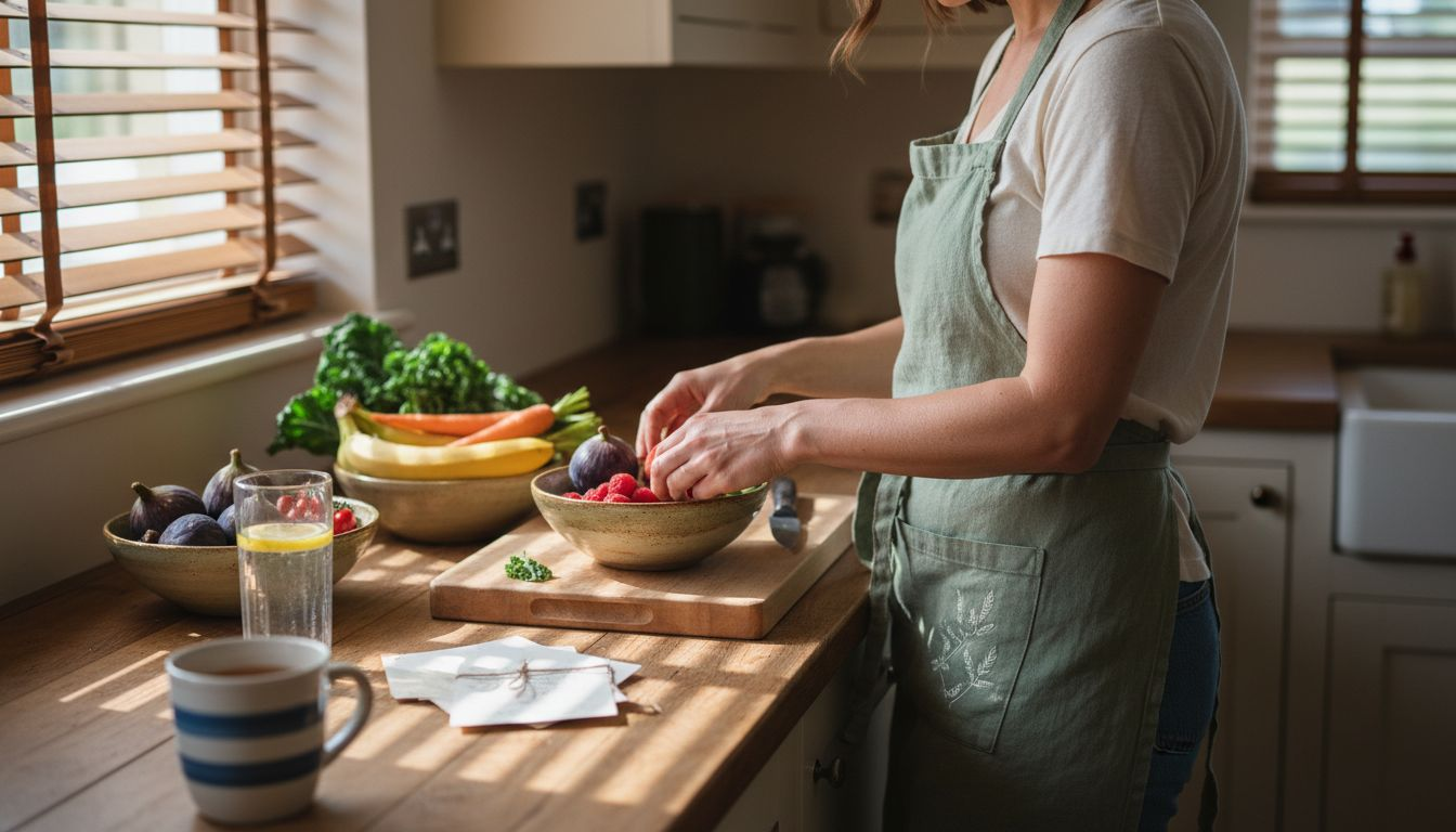 Woman arranging organic produce in sunlight kitchen