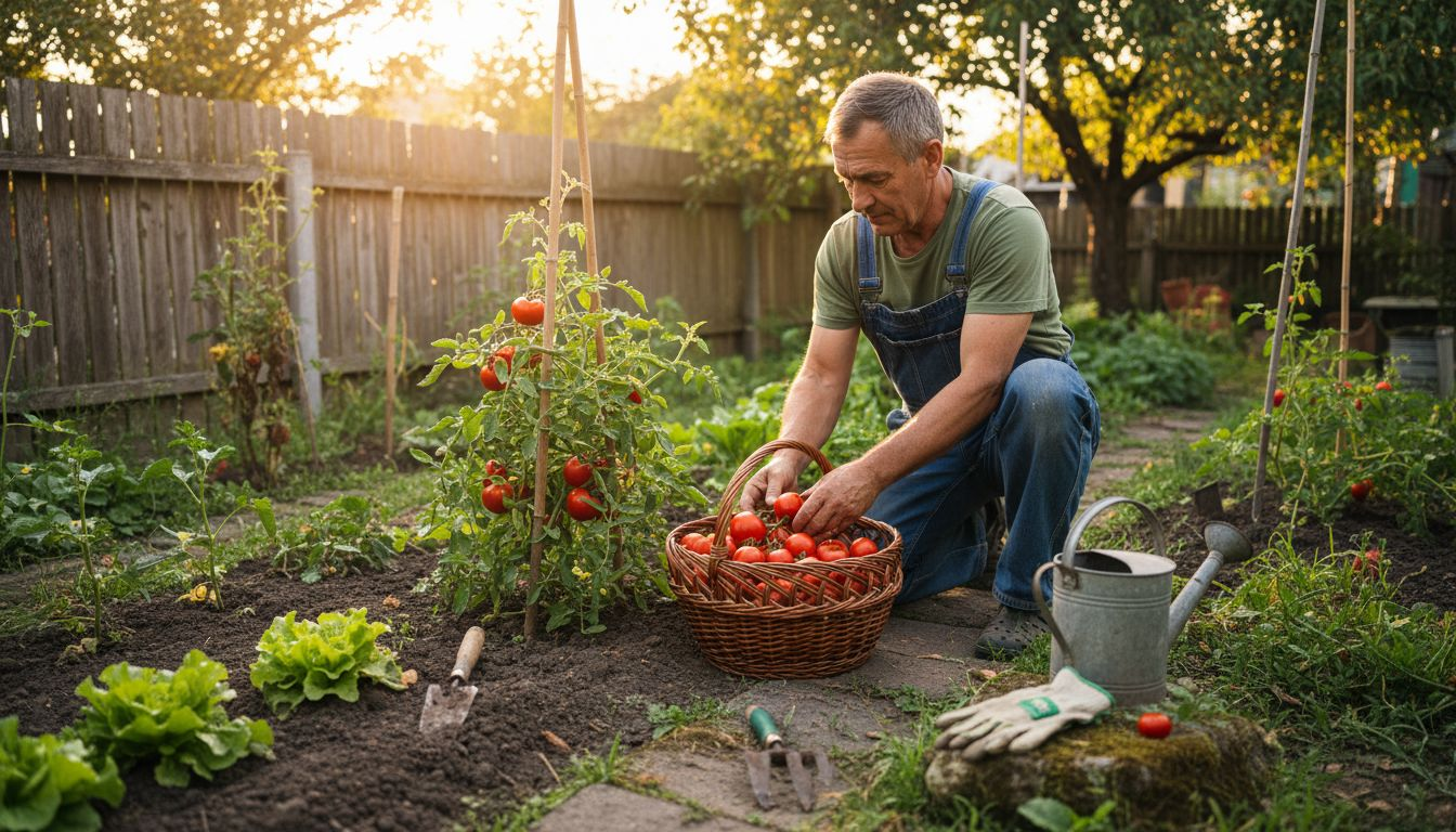 Gardener harvesting fresh tomatoes in backyard