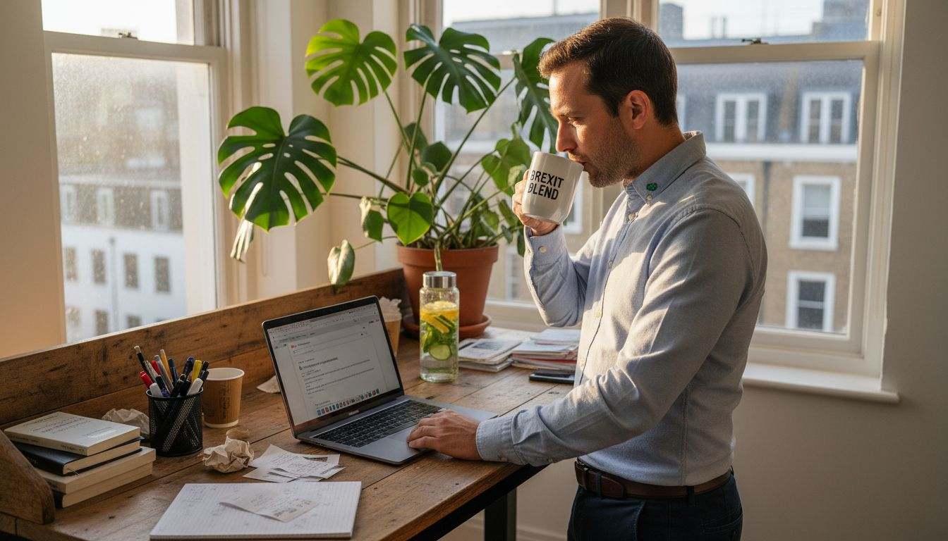 Expat boosting energy in bright workspace