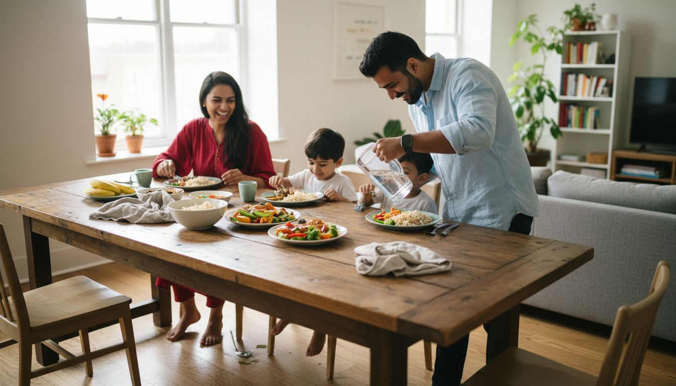 Family shares a balanced home-cooked meal