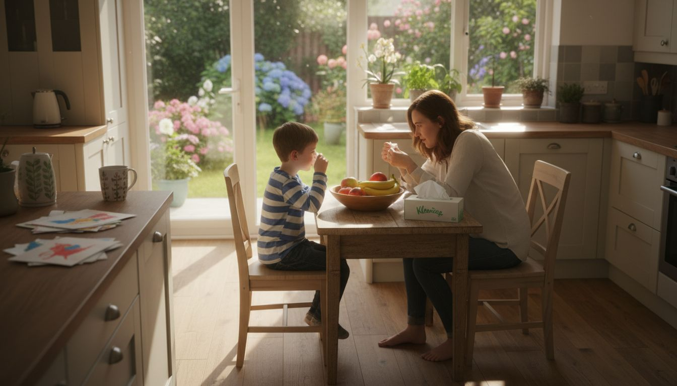 Mother helps son with allergies at kitchen table