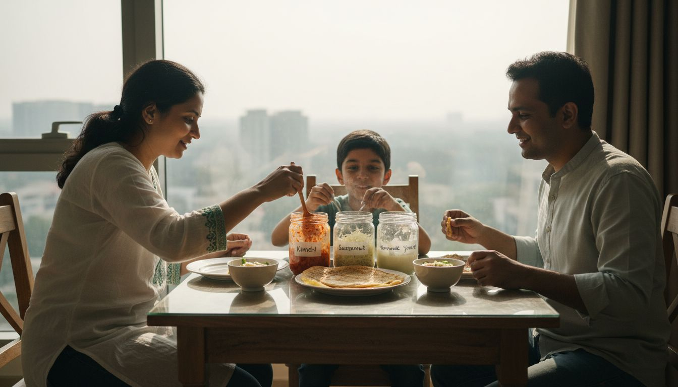 Urban family sharing fermented foods at home