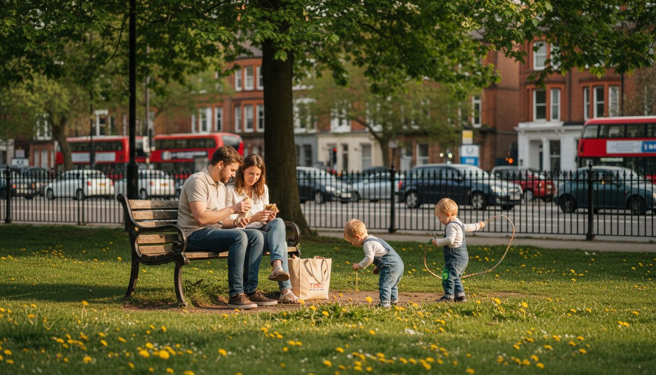 Urban family relaxing together in city park