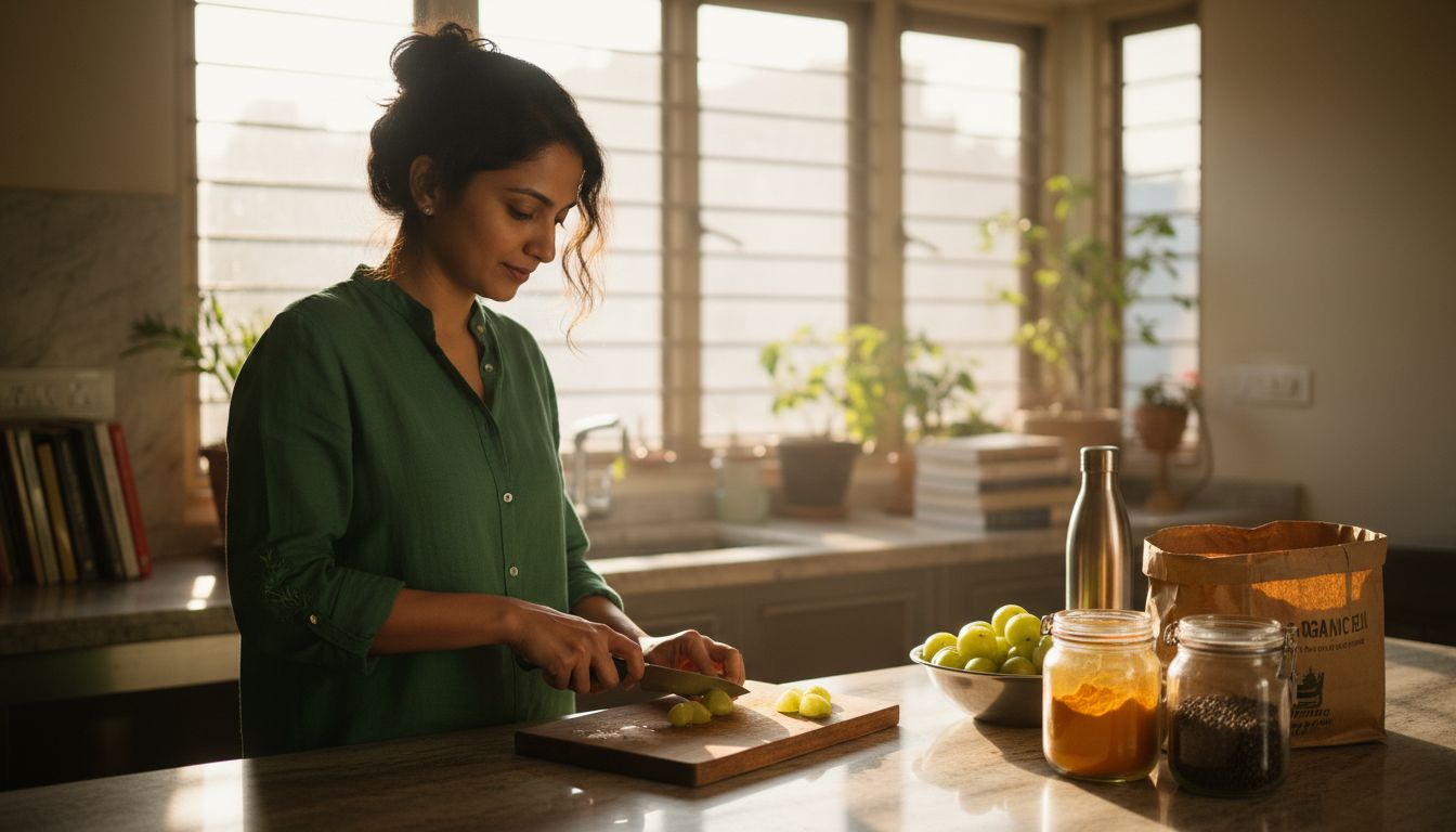Nutritionist slices amla fruit in sunlit kitchen