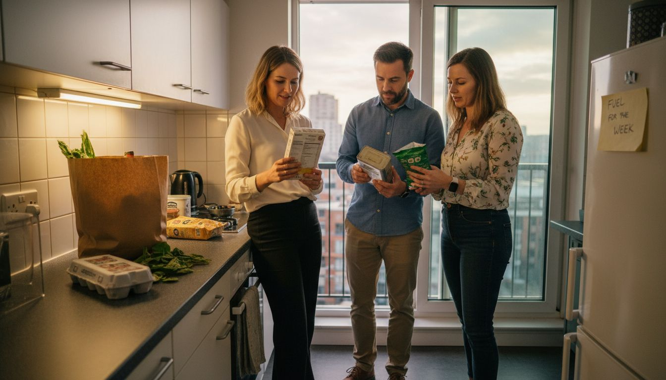 Adults reading nutrition labels in urban kitchen