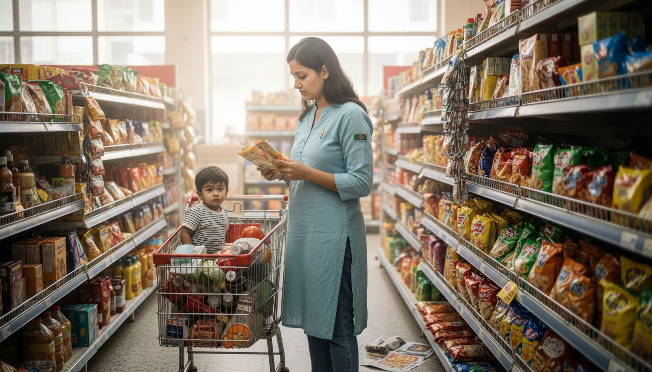 Mother reading food label in supermarket