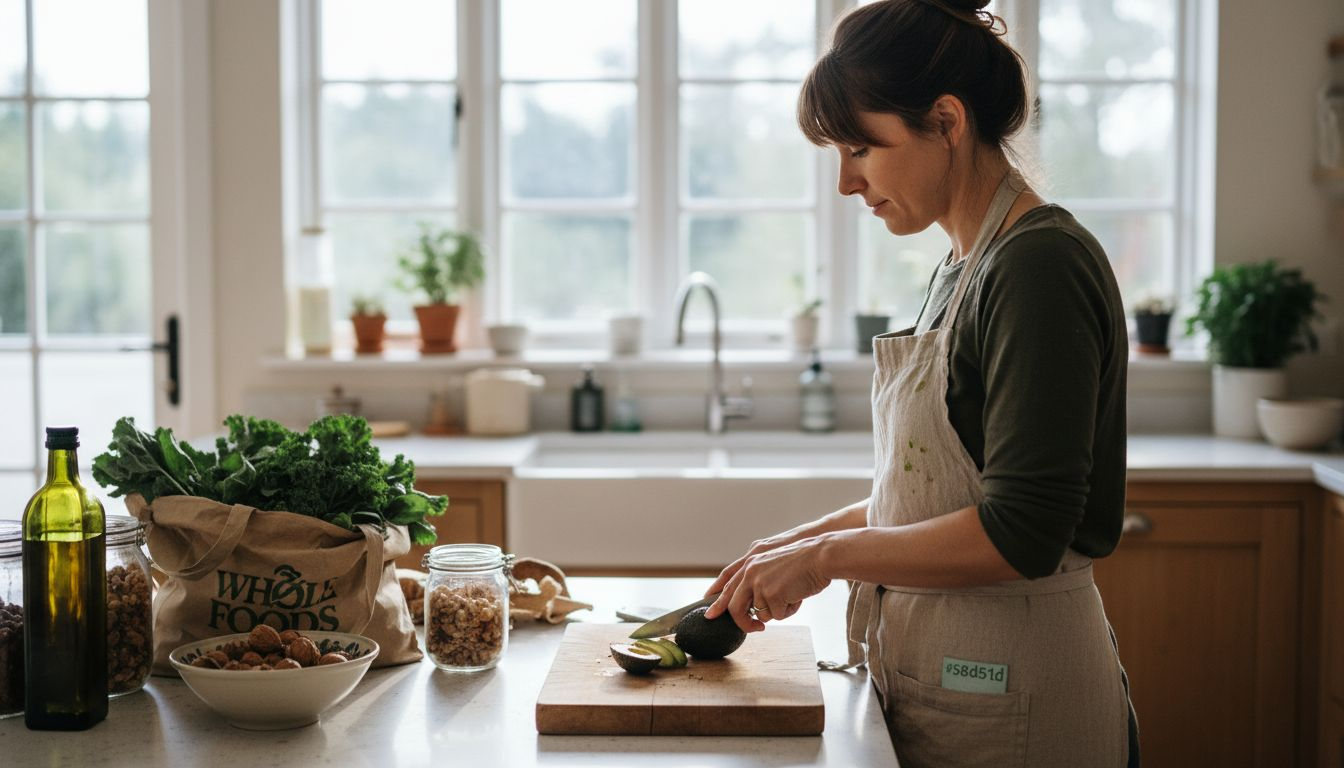 Woman preparing avocado in bright home kitchen