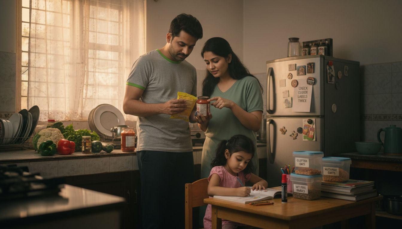 Family checks allergen labels in kitchen