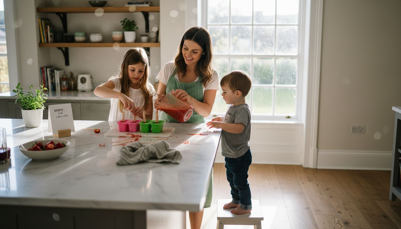 Family preparing homemade popsicles together