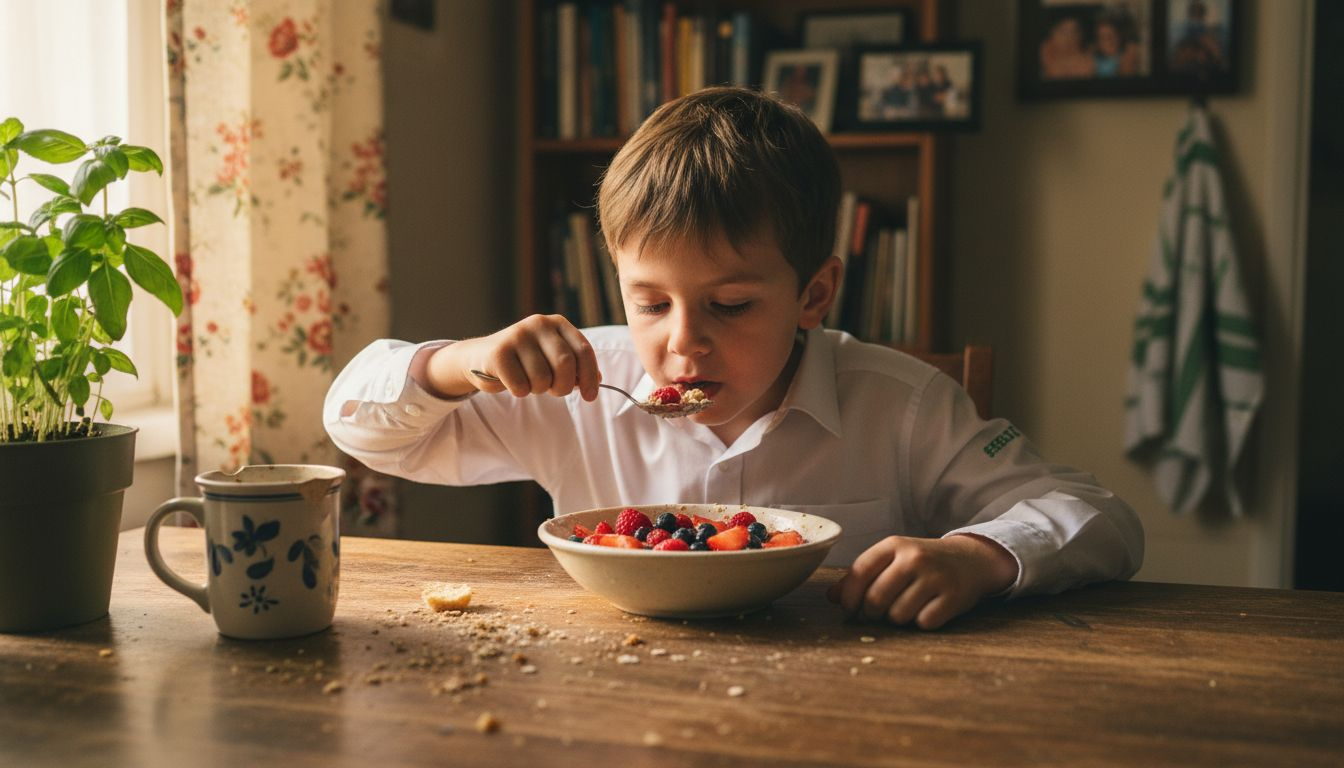 Child eating organic breakfast at kitchen table