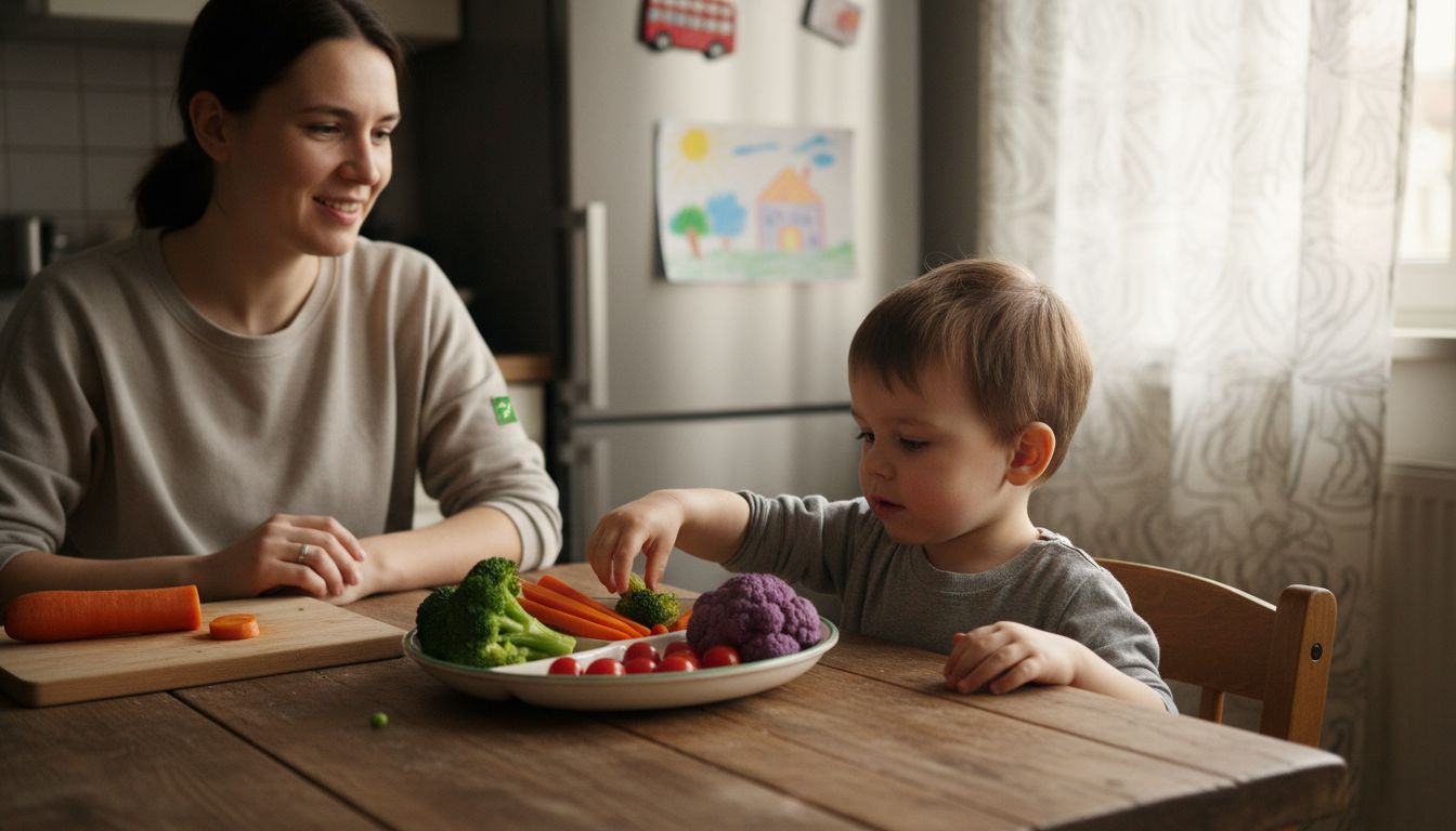 Child tries organic vegetables at kitchen table