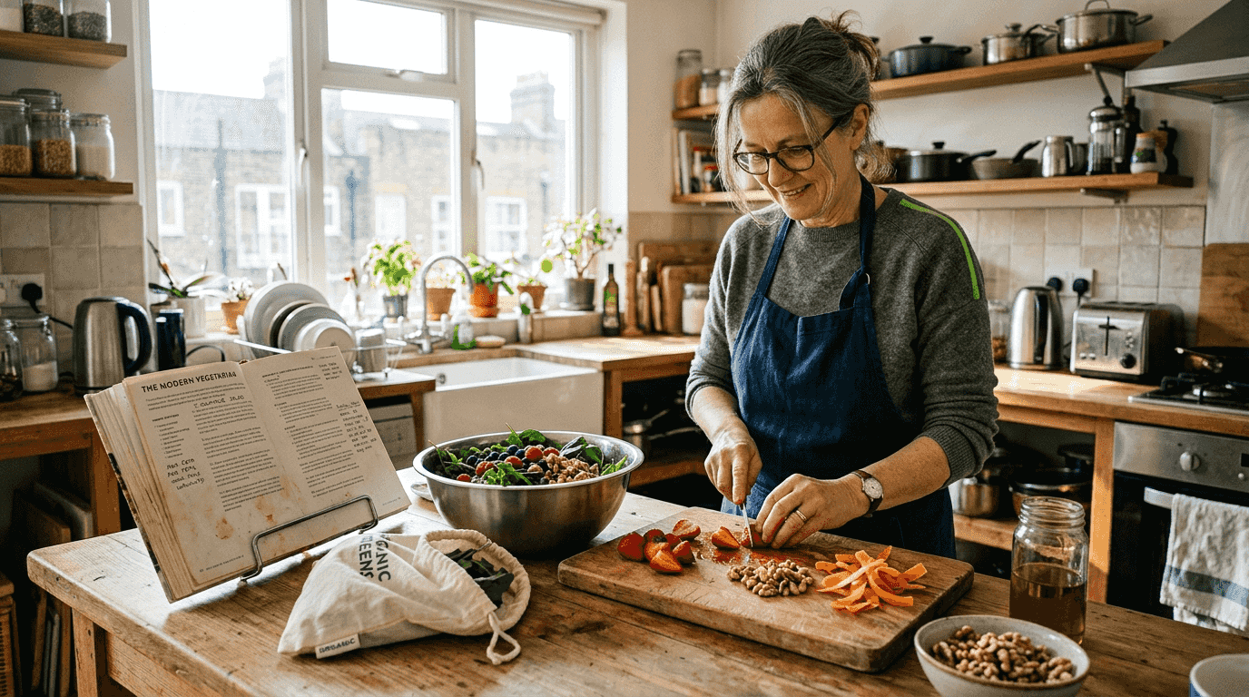 Woman making antioxidant salad in city kitchen