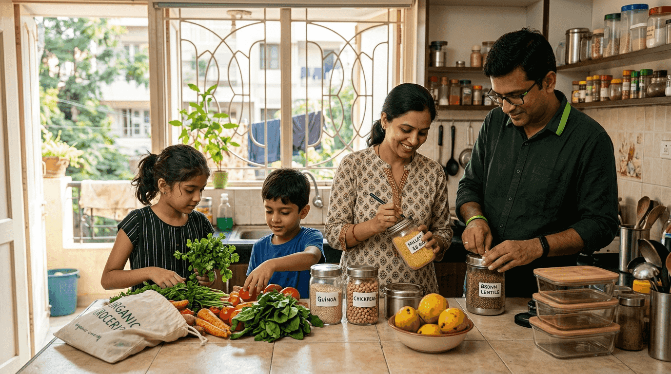 Family storing food in glass containers kitchen
