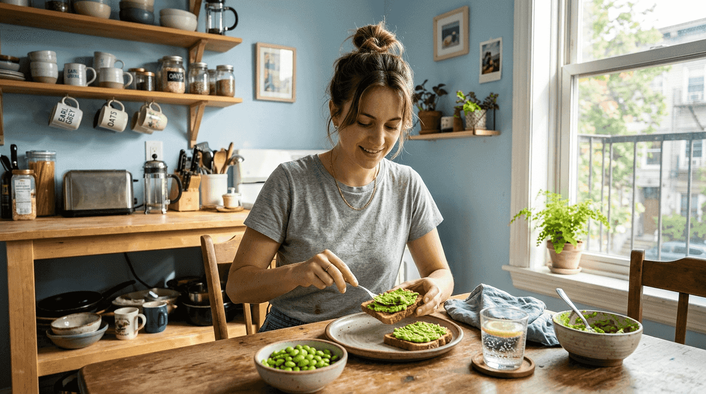 Woman making avocado toast in bright kitchen